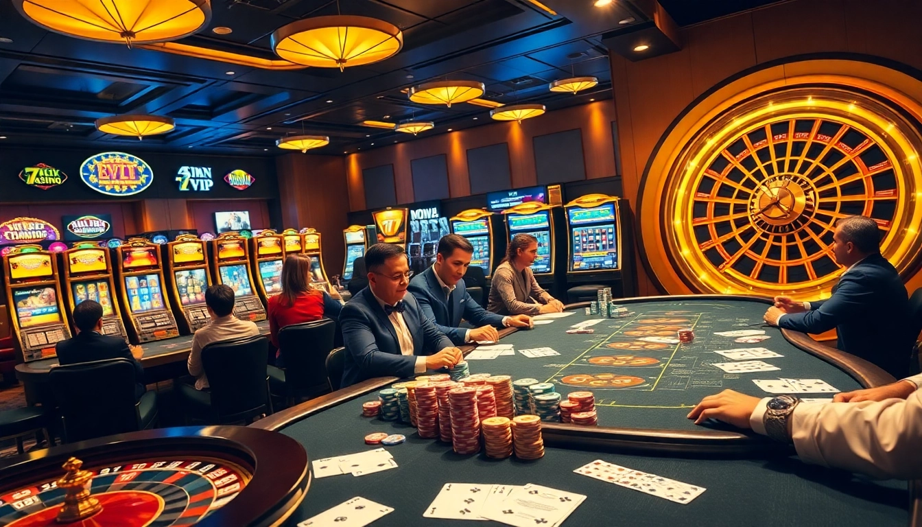 Experience the thrill of winning at the 777VIP casino, featuring vibrant slots and a poker table.