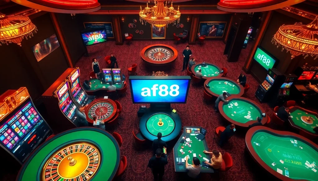 Experience the excitement of af88 at a vibrant casino featuring slot machines and poker tables.