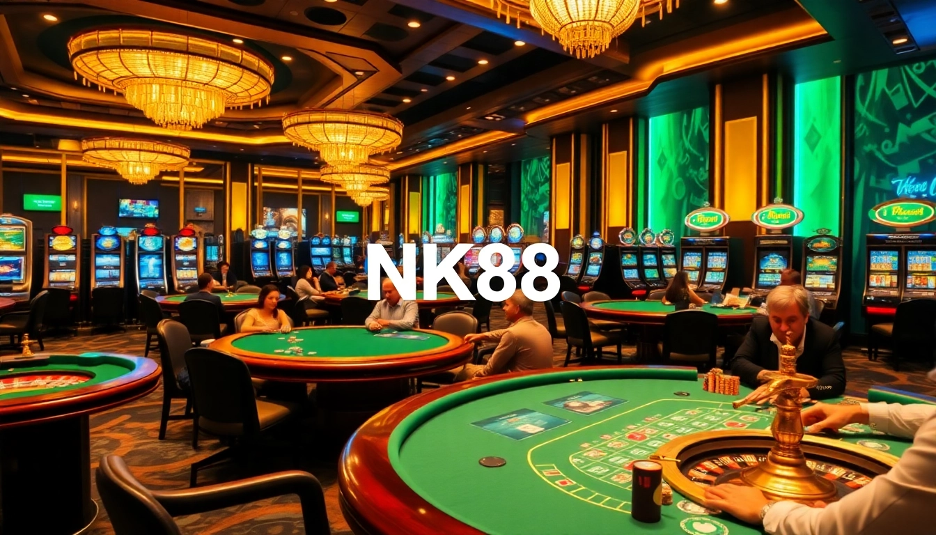 Playing thrilling casino games at NK88 with vibrant tables and poker chips.