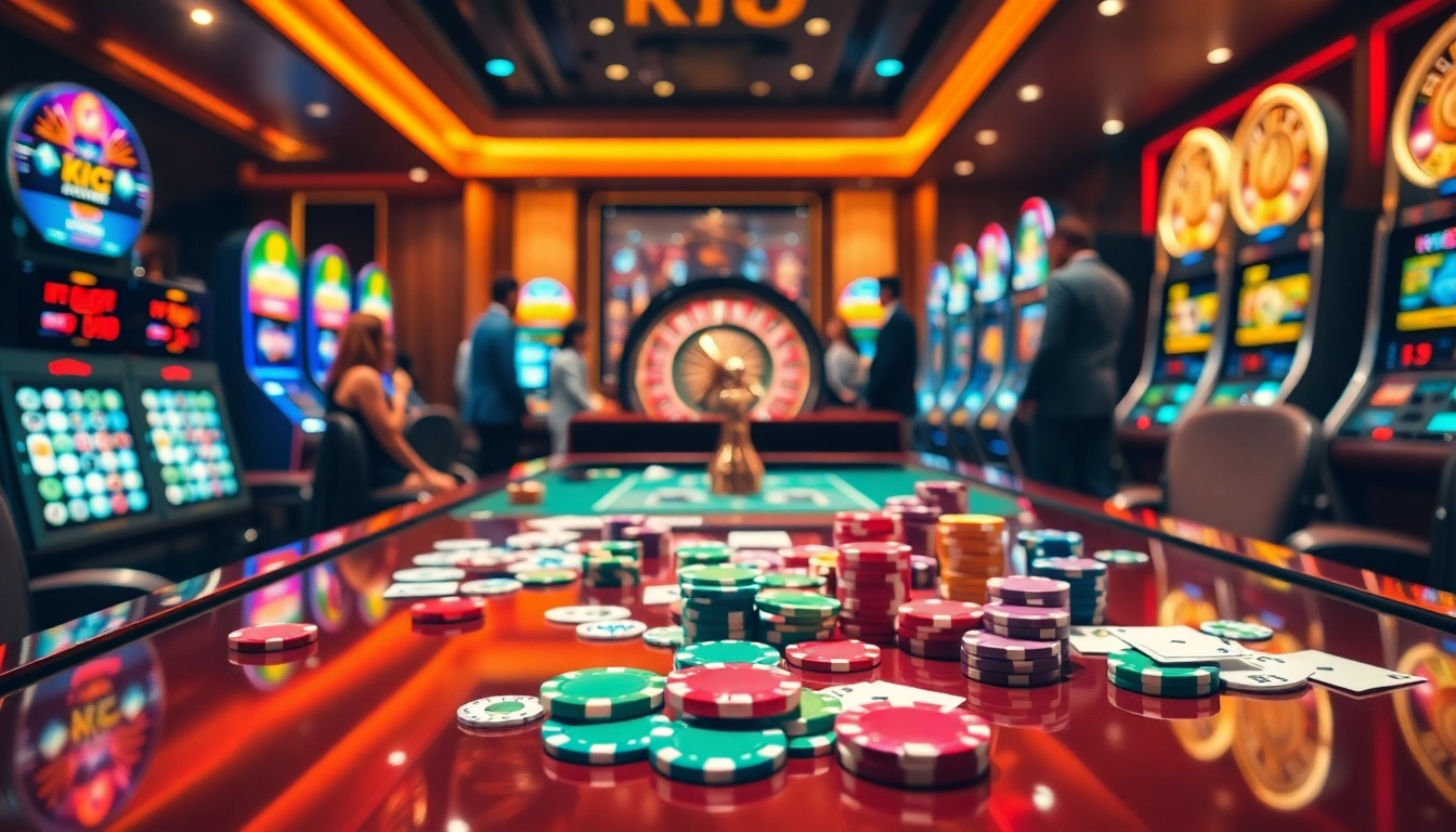 KJC gamblers engaging at a vibrant poker table in a luxurious casino setting.
