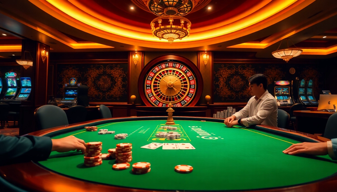 Exciting poker action at a casino table with CM88 highlighted in a luxurious setting.
