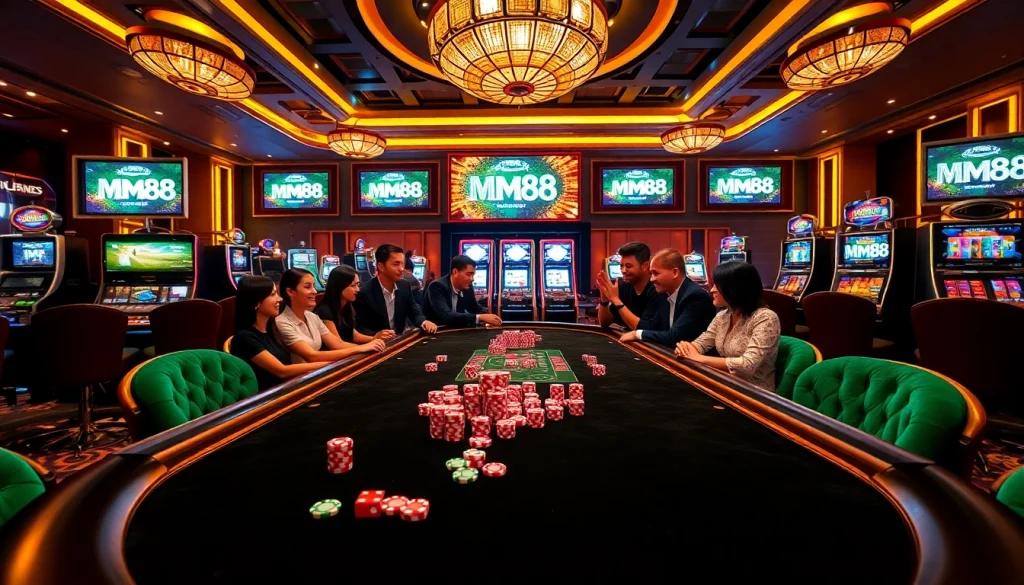 MM88 casino scene with excited players at an elegant gaming table showcasing vibrant poker chips and slot machines.