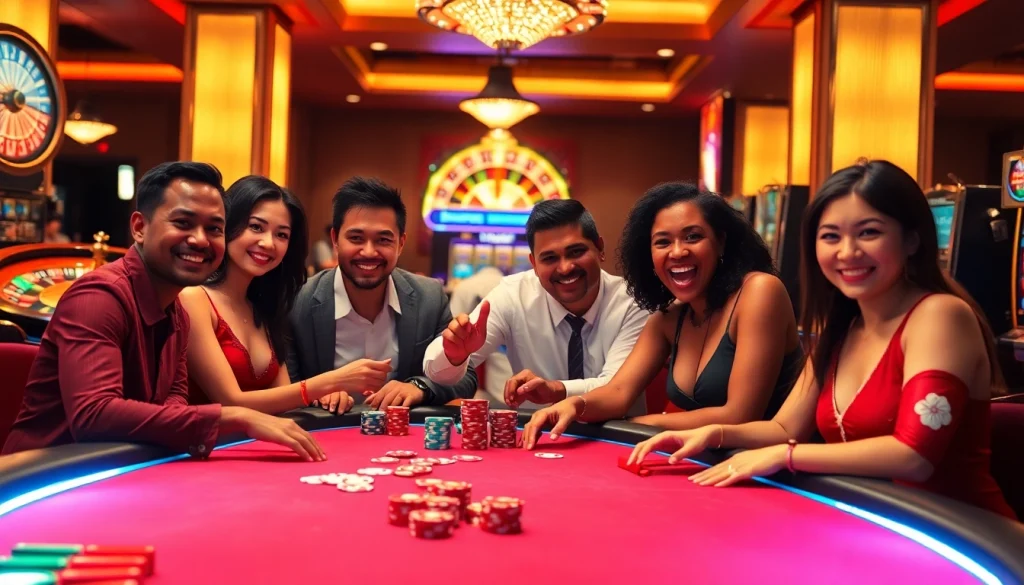 Exciting players engaged at an RR88 poker table, showcasing vibrant casino elements and a lively atmosphere.