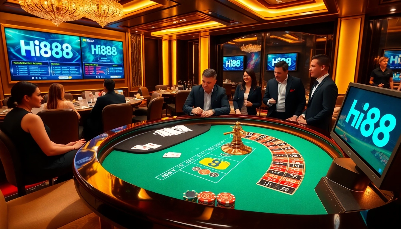 Hi88 players enjoying a luxurious casino setting with roulette and poker tables.