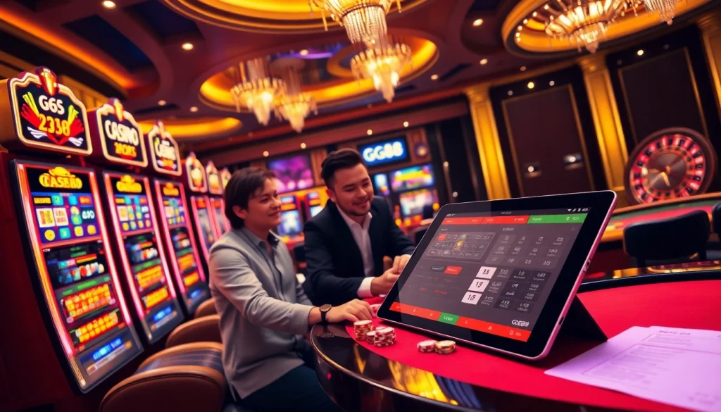 Players enjoying the GG88 online casino experience with vibrant slot machines and poker tables.