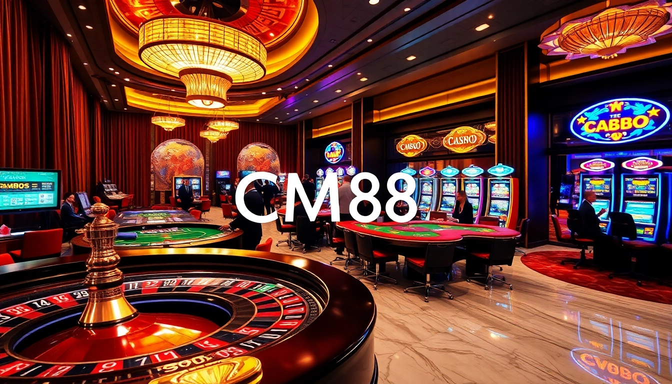 Engaging scene of CM88 casino environment with roulette wheels and flashing slot machines.