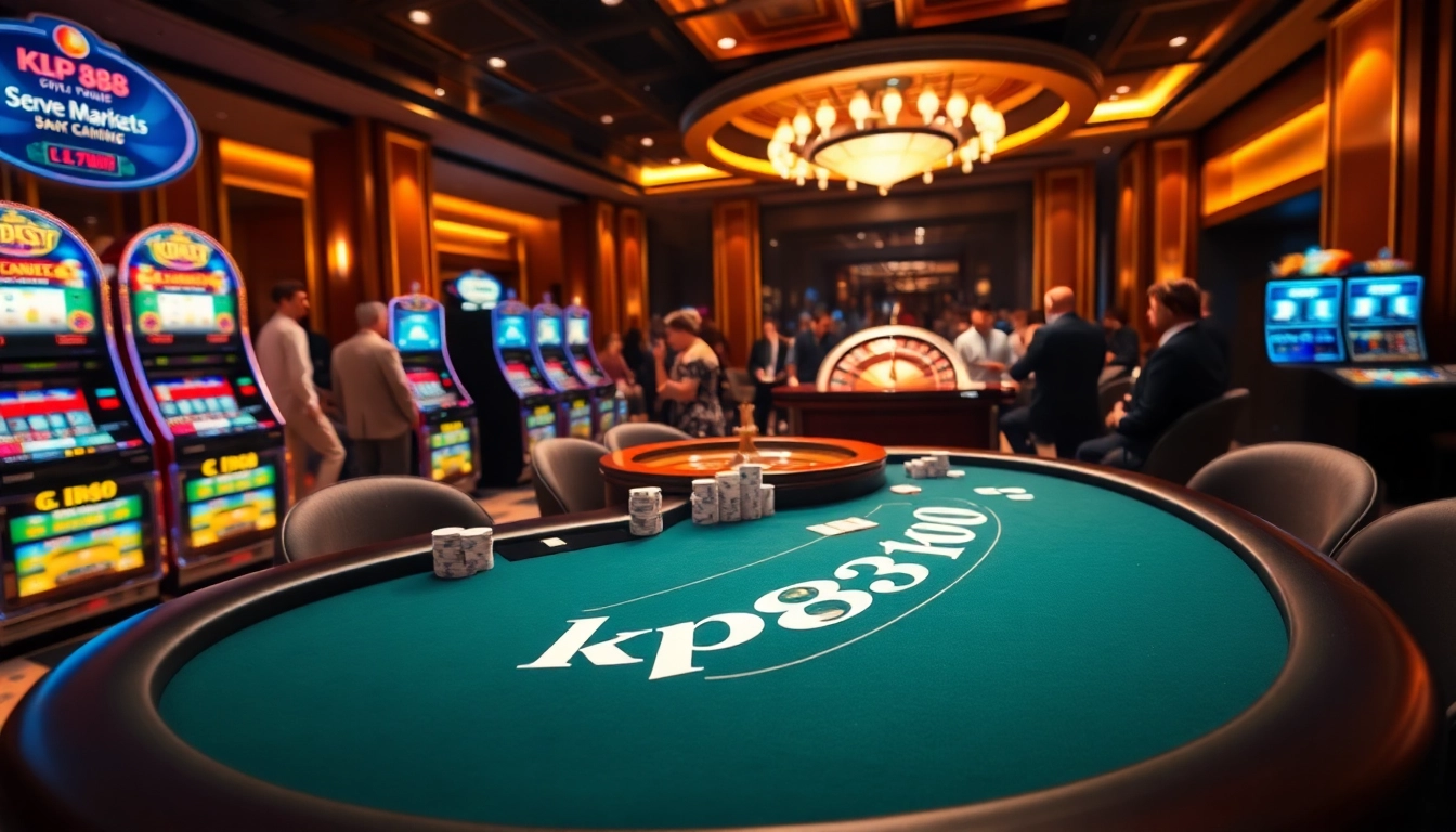 Experienced players engage with kp88-themed poker table in a luxurious casino setting.