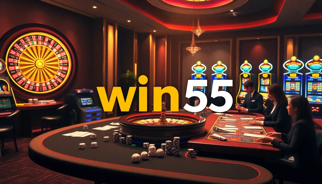 Thrilling casino experience with win55 poker tables and roulette wheel.