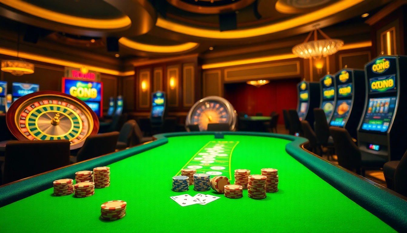 Experience the excitement of GO8-themed casino games with vibrant tables and spinning roulette wheels.