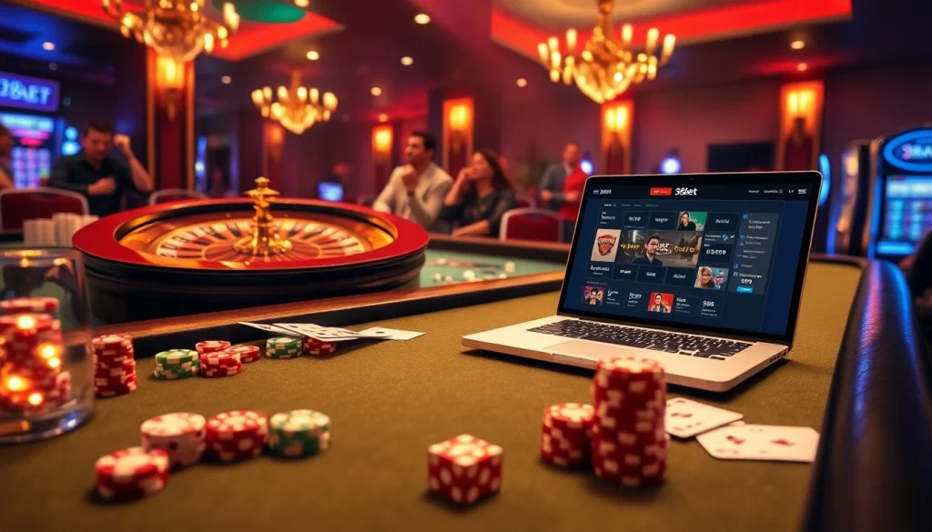 Experience the excitement of 388bet with vibrant casino scenes showcasing poker, roulette, and online betting elements.