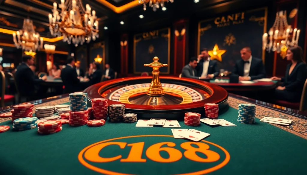 Engaging C168 poker scene with luxurious chips and cards in a vibrant casino setting.