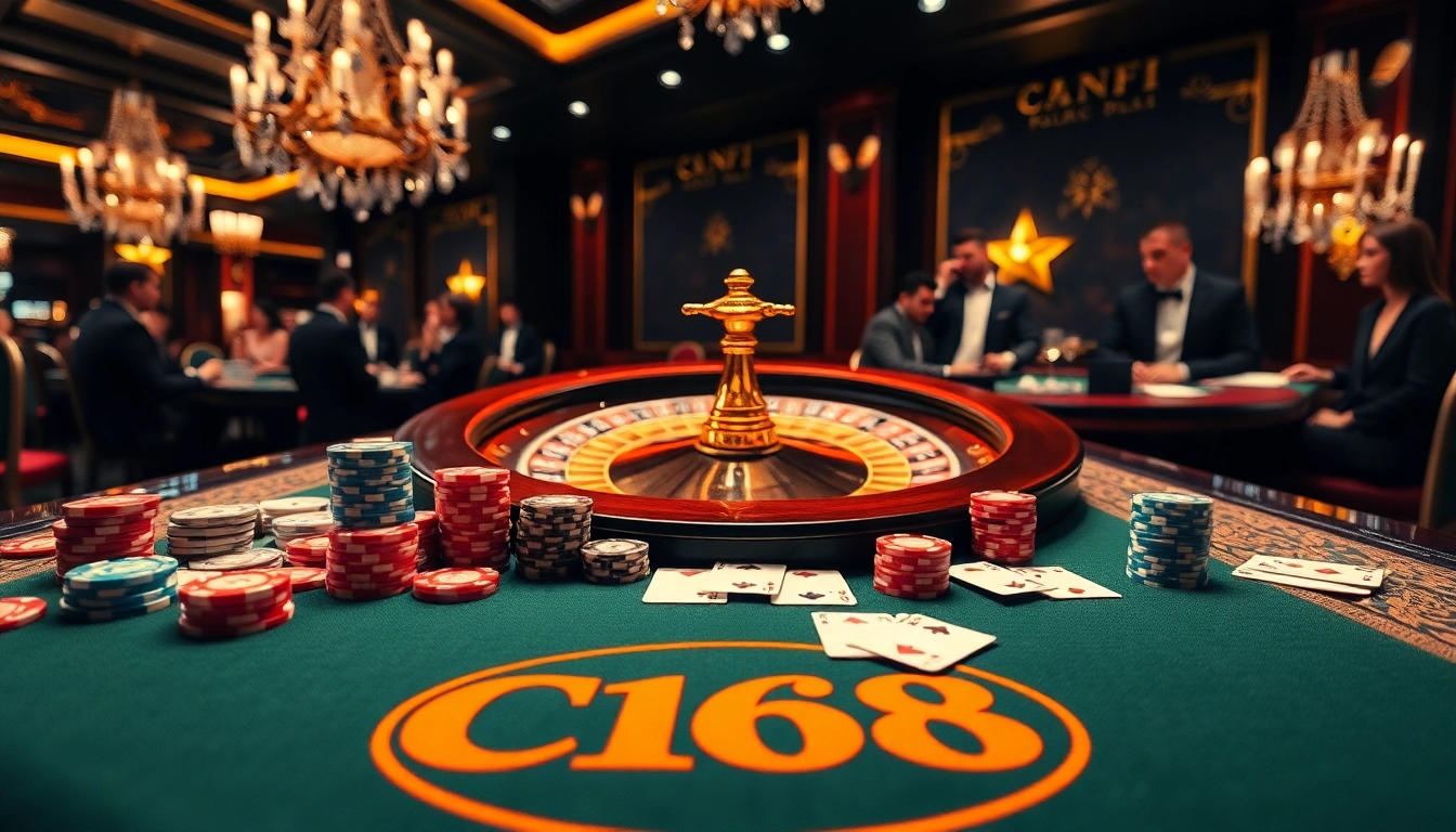 Engaging C168 poker scene with luxurious chips and cards in a vibrant casino setting.