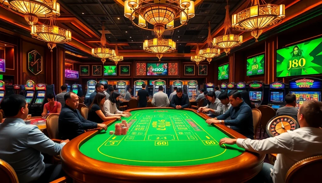 Players revel in an exciting game at the luxurious j88 casino table, surrounded by vibrant slots and chips.