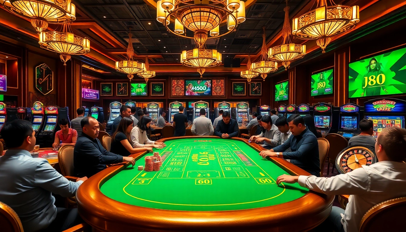 Players revel in an exciting game at the luxurious j88 casino table, surrounded by vibrant slots and chips.