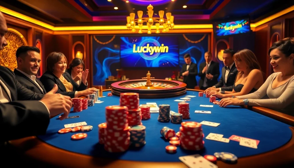 Players enjoying an exciting game at the Luckywin casino, complete with vibrant poker chips.