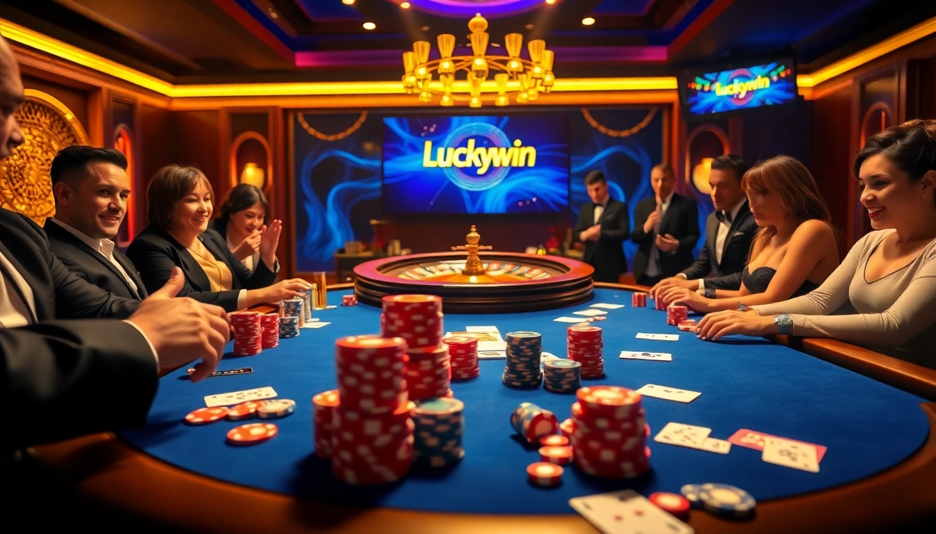 Players enjoying an exciting game at the Luckywin casino, complete with vibrant poker chips.