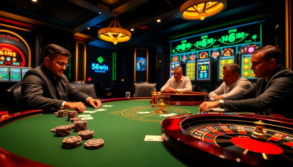 Engaged gamblers strategize at a poker table in a luxurious casino setting featuring https://56win.sale/.