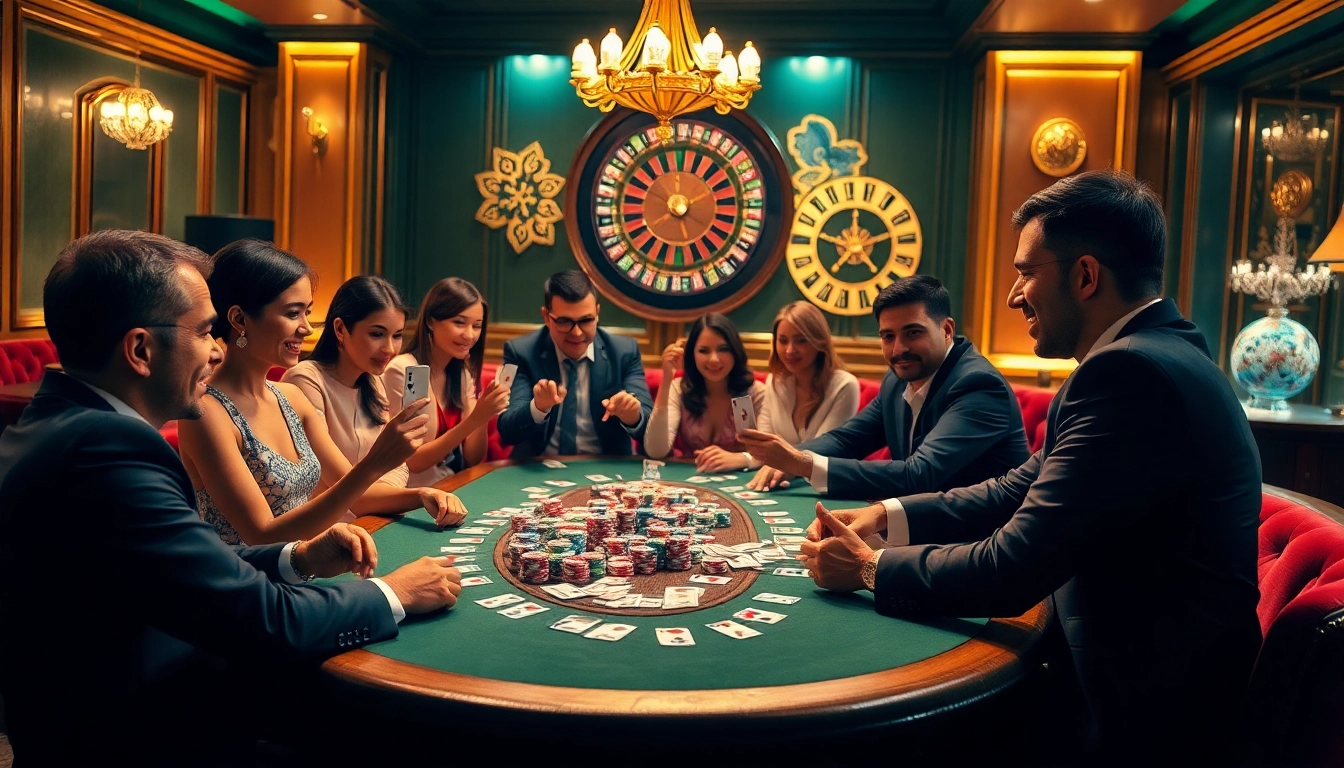 B52club players enjoy an exciting poker game at a luxurious casino table filled with chips and cards.