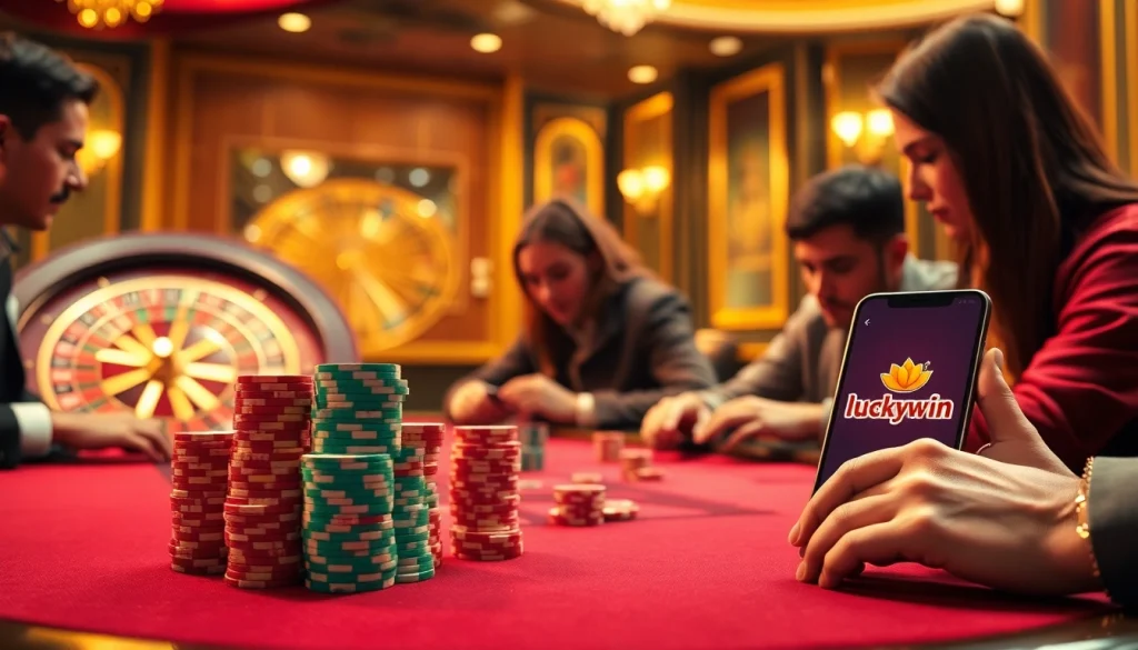 Luckywin players enjoying an exciting high-stakes poker game at a luxurious casino.