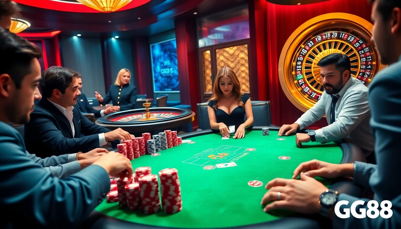 Excited players engaging at a GG88 poker table, capturing the thrill of high-stakes gaming.