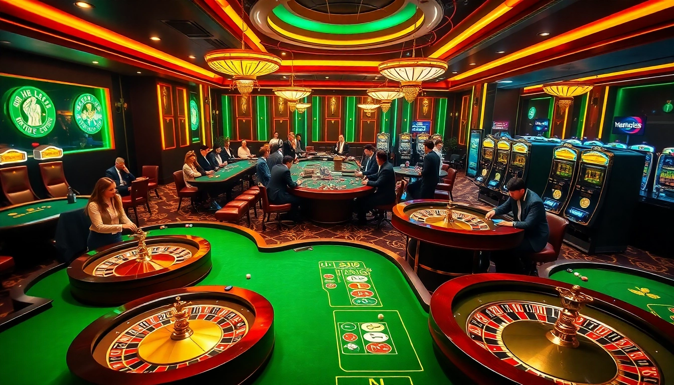 Exciting casino action with players enjoying games at xin88, featuring poker tables and slot machines.