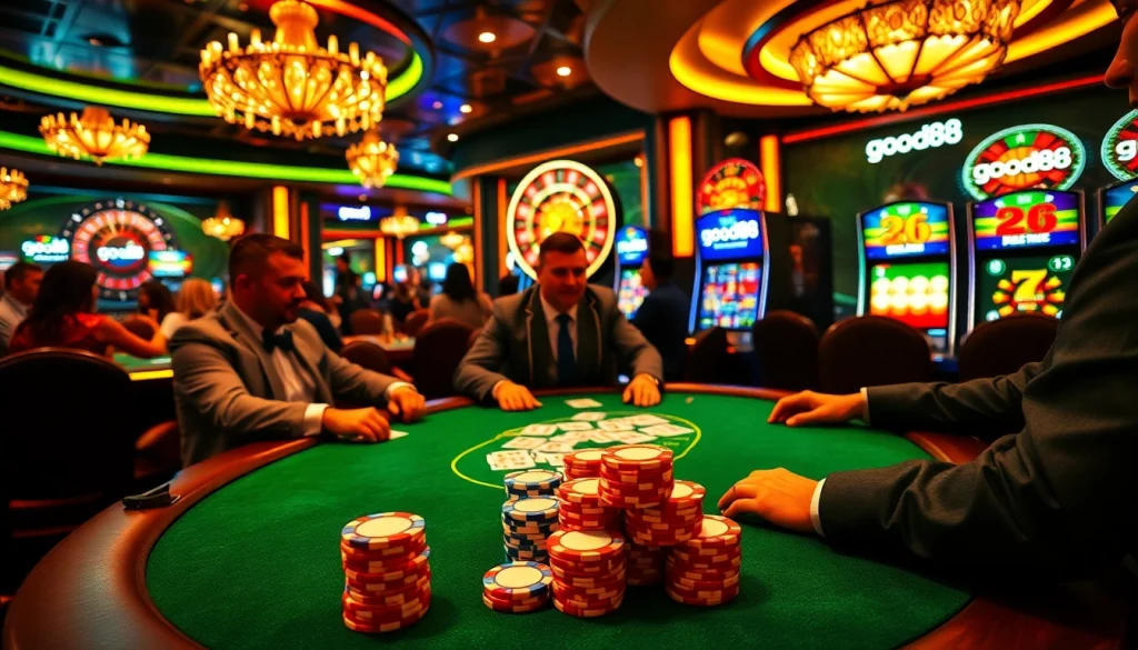 Players engaged in a thrilling poker game with good88 branding on casino elements.