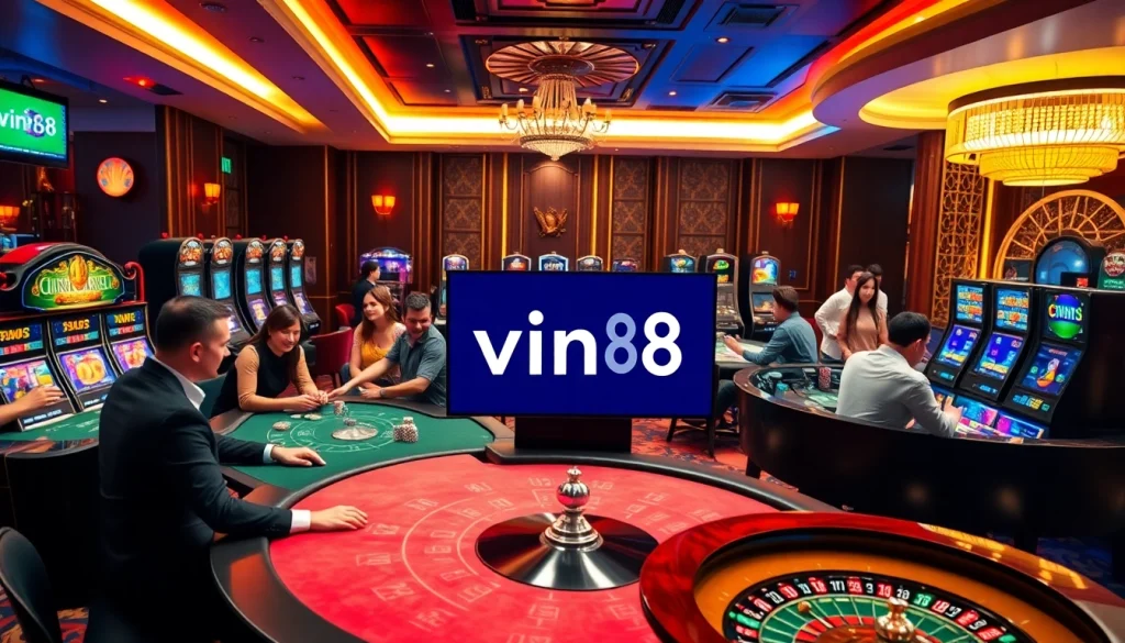 Exciting casino scene with players engaging in games at vin 88 tables and slots.