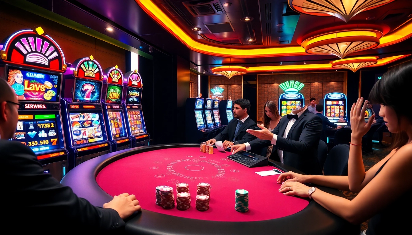Experience the thrill of gaming at HITCLUB with vibrant casino tables and slot machines.