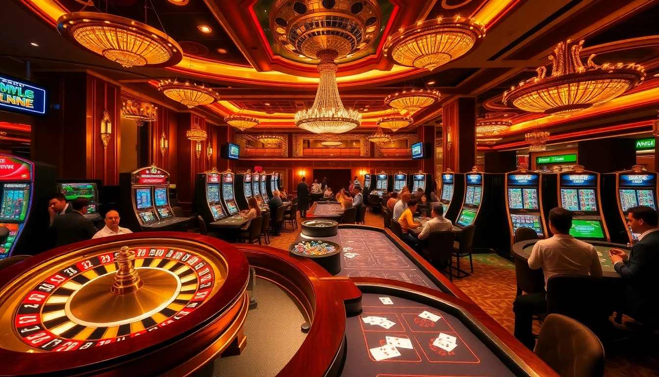 Gamblers enjoying a thrilling experience at MV66 casino tables showcasing luxury and excitement.