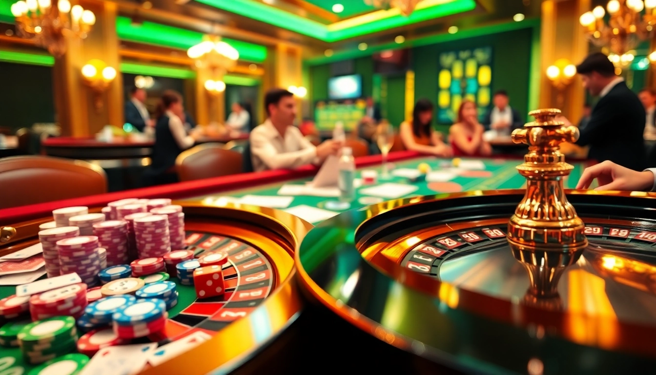 Engage with the thrilling Vuabai9 casino experience featuring vibrant poker chips and an active roulette wheel.