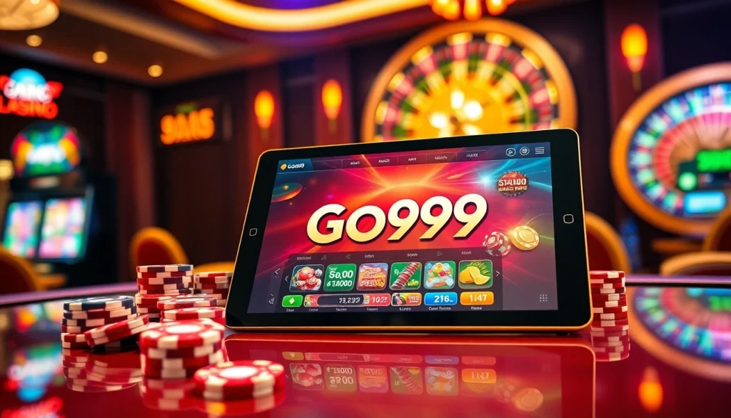 Go99 online casino tablet surrounded by vibrant poker chips and a roulette wheel, highlighting the excitement of winning.