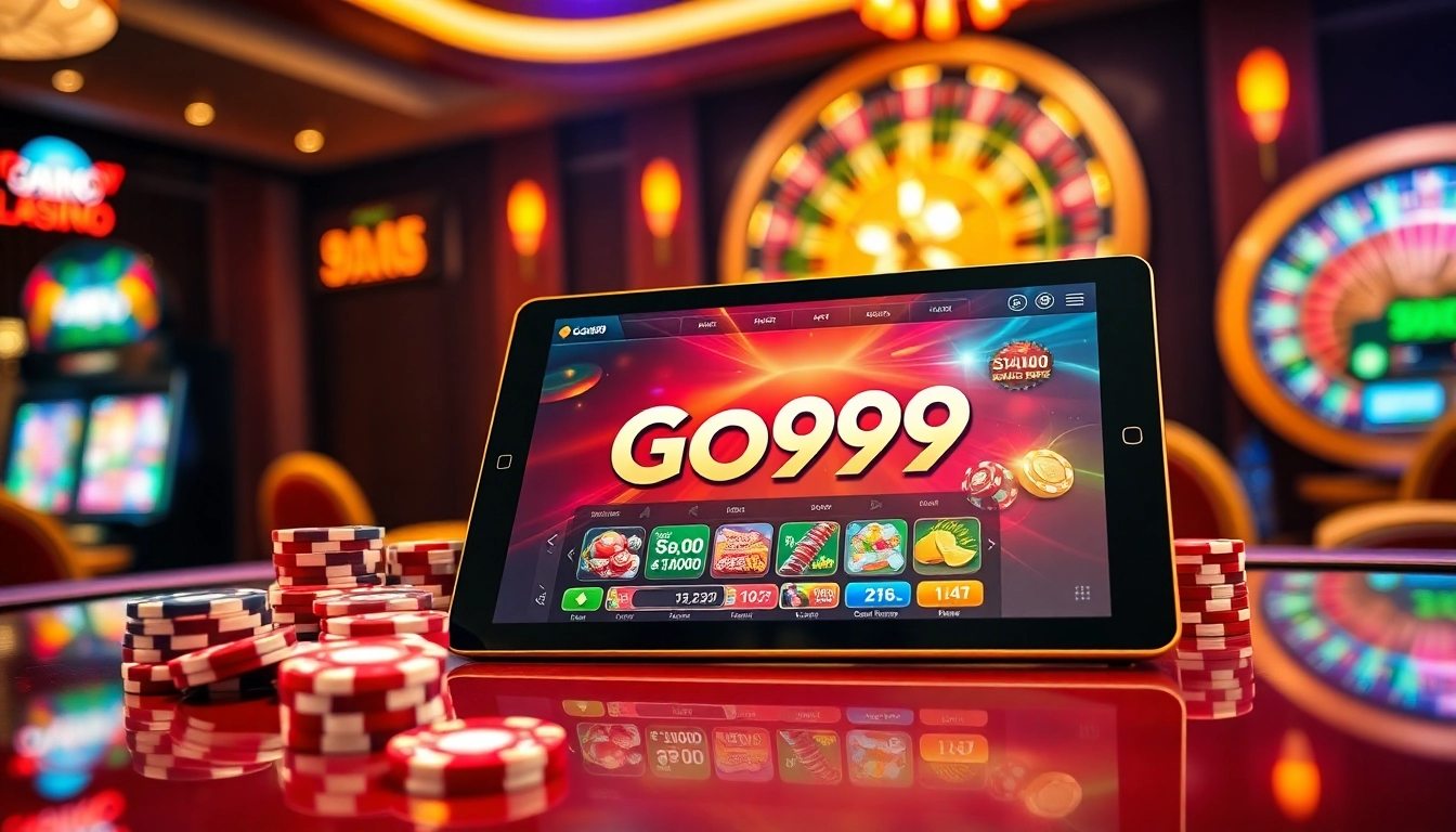 Go99 online casino tablet surrounded by vibrant poker chips and a roulette wheel, highlighting the excitement of winning.