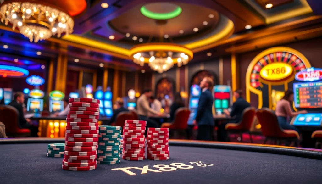 Players enjoying TX88 poker chips at a vibrant casino table filled with excitement and luxury