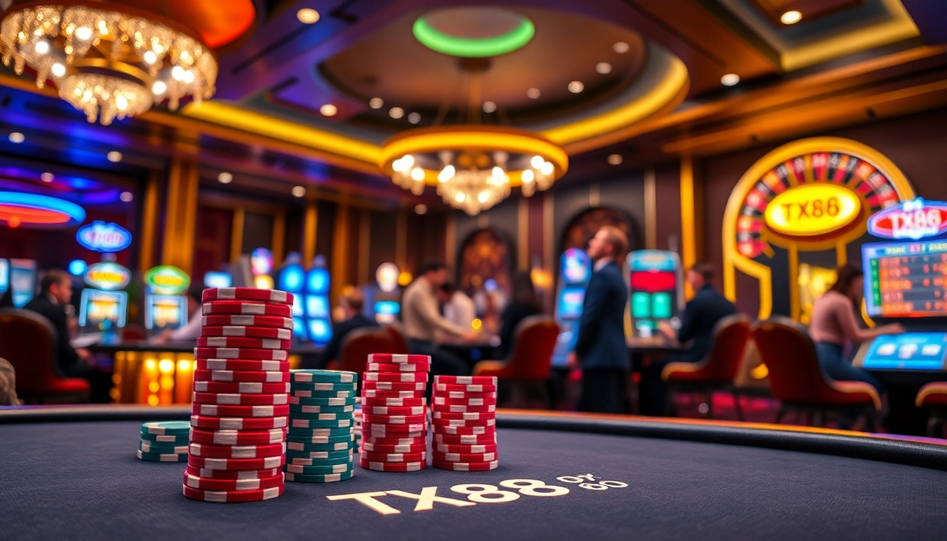 Players enjoying TX88 poker chips at a vibrant casino table filled with excitement and luxury