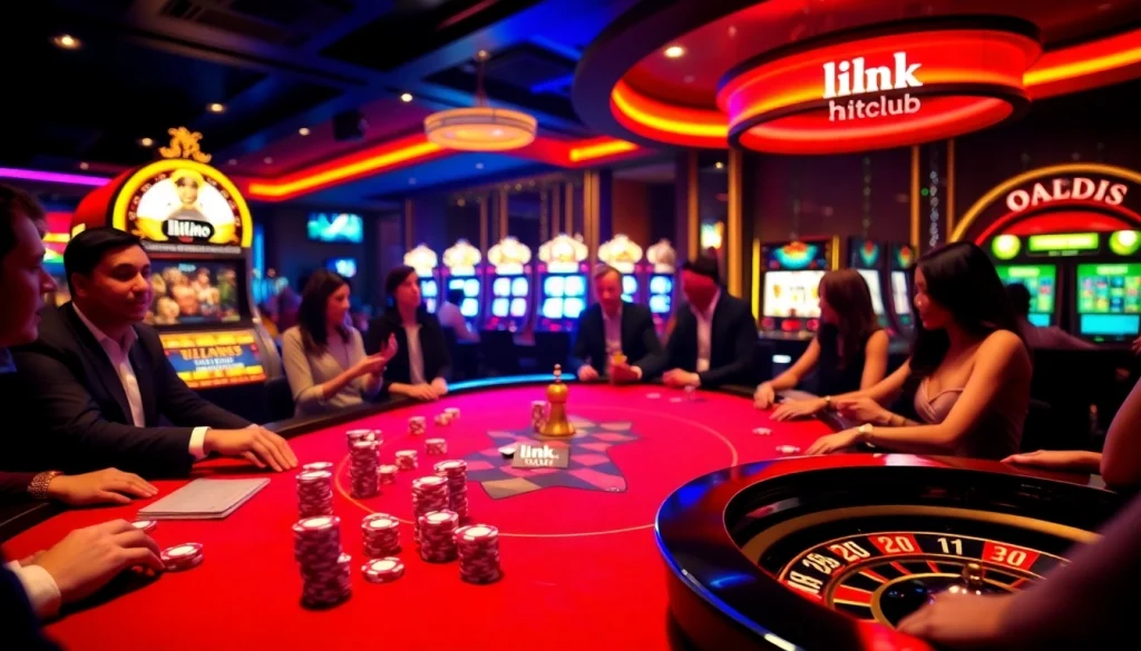 Players engaging in high-stakes poker at a vibrant casino scene with link hitclub branding.
