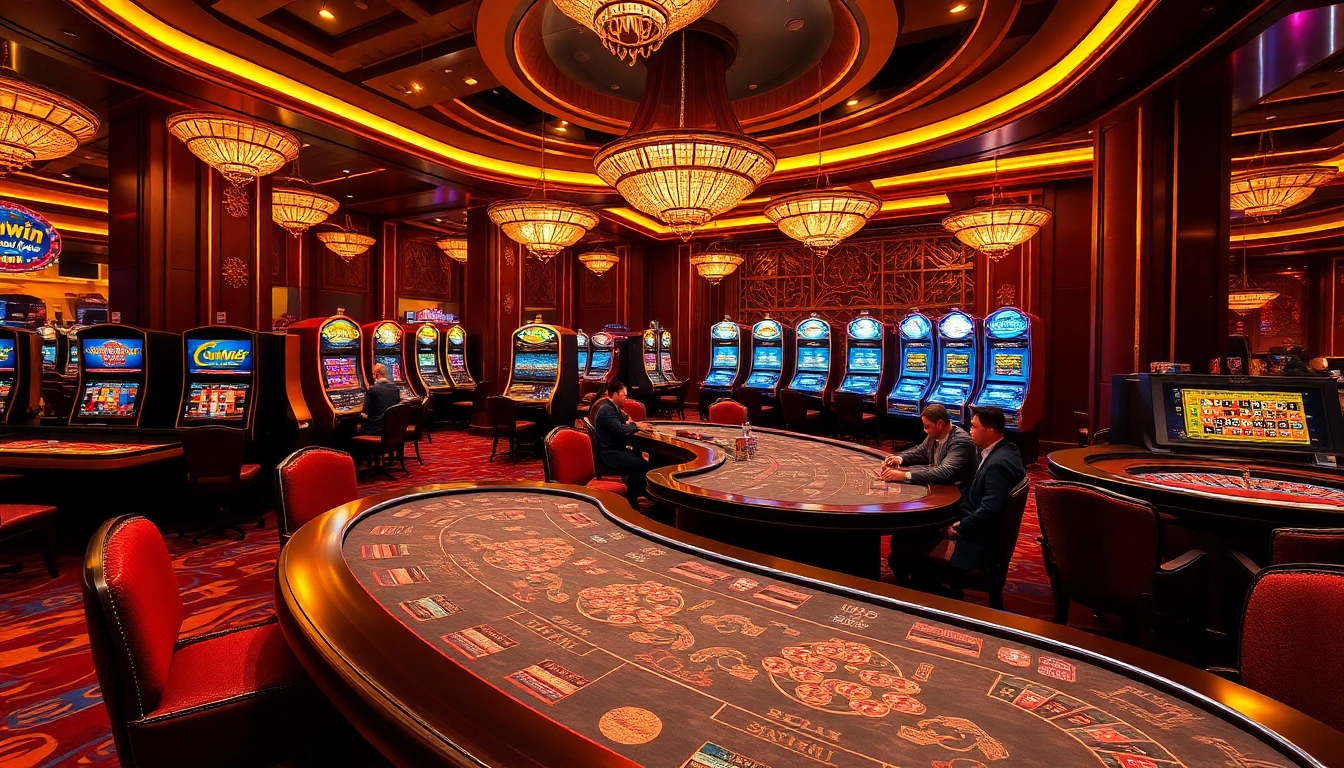 Kuwin gaming area with players at poker tables and vibrant slot machines.