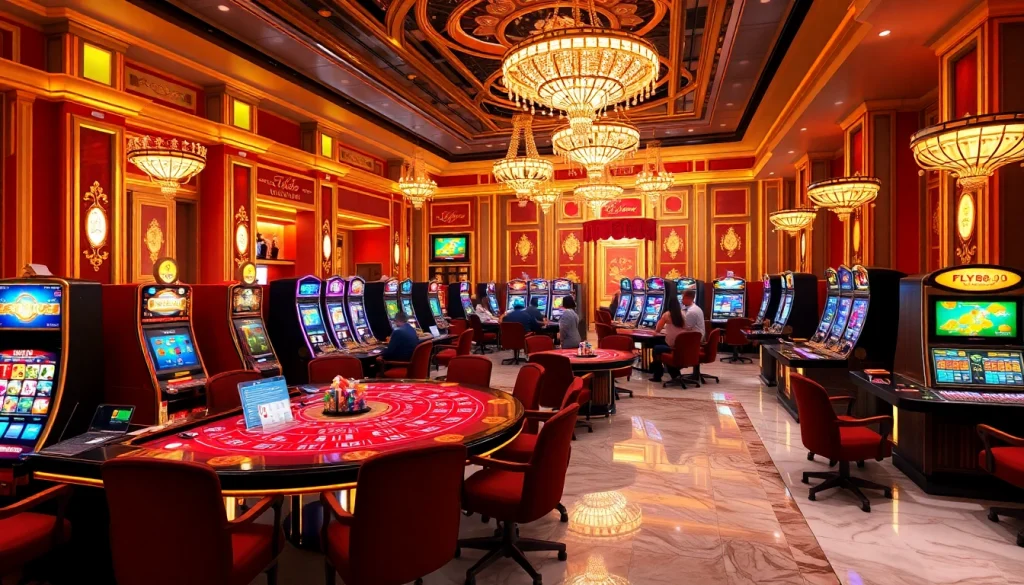 Experience luxury and excitement with FLY88 Đăng nhập at a glamorous casino scene filled with engaging games.