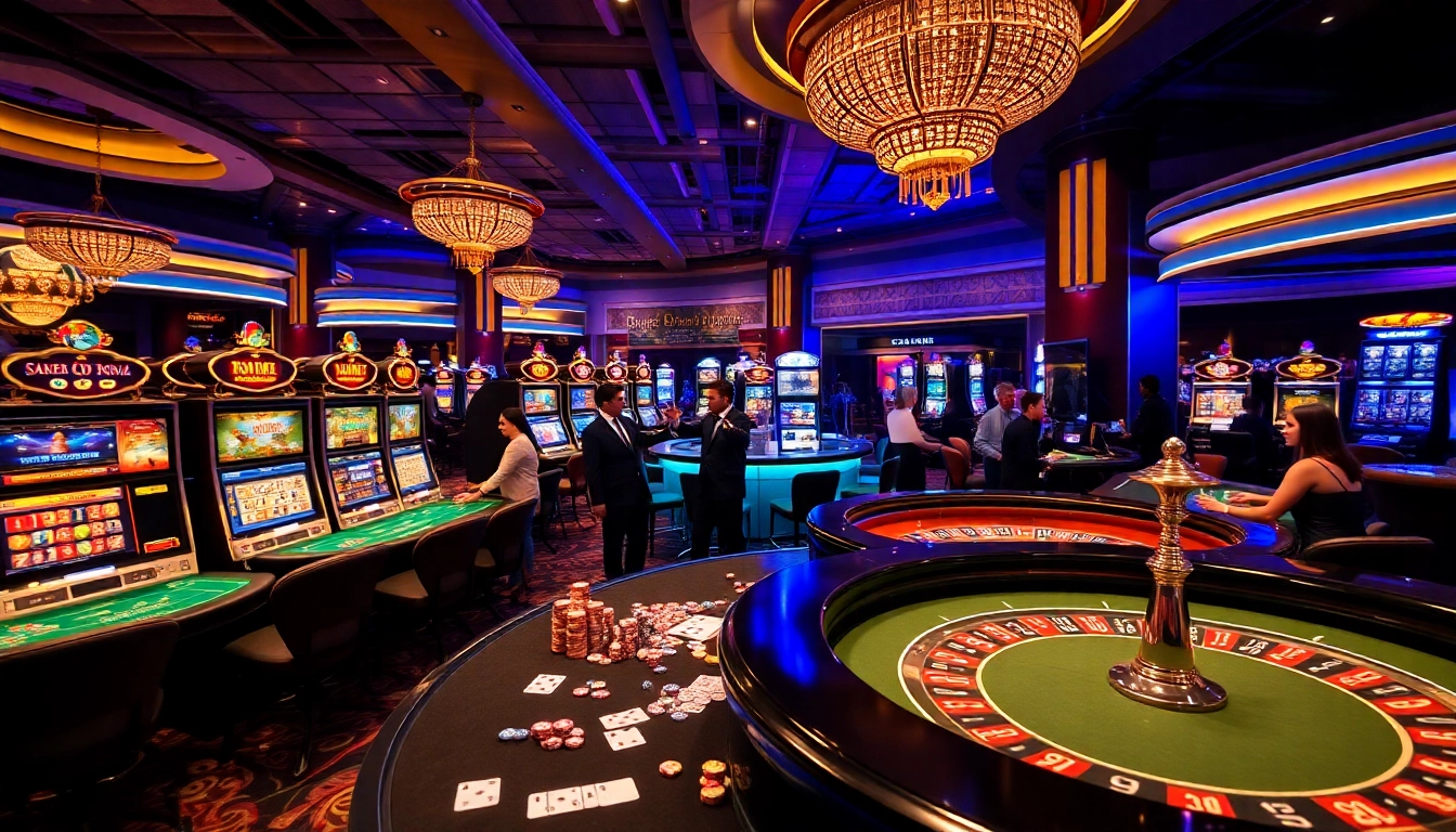 Exciting casino action at TG88 showcasing players at roulette and vibrant slot machines.