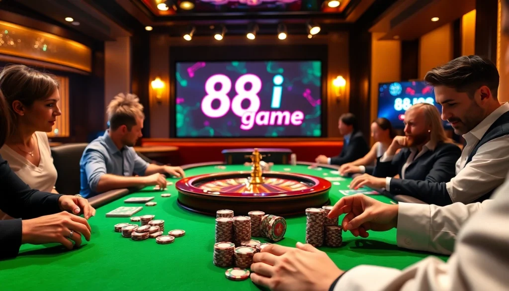 Experience the thrill of the 88i game at a luxurious casino with poker tables and chips.