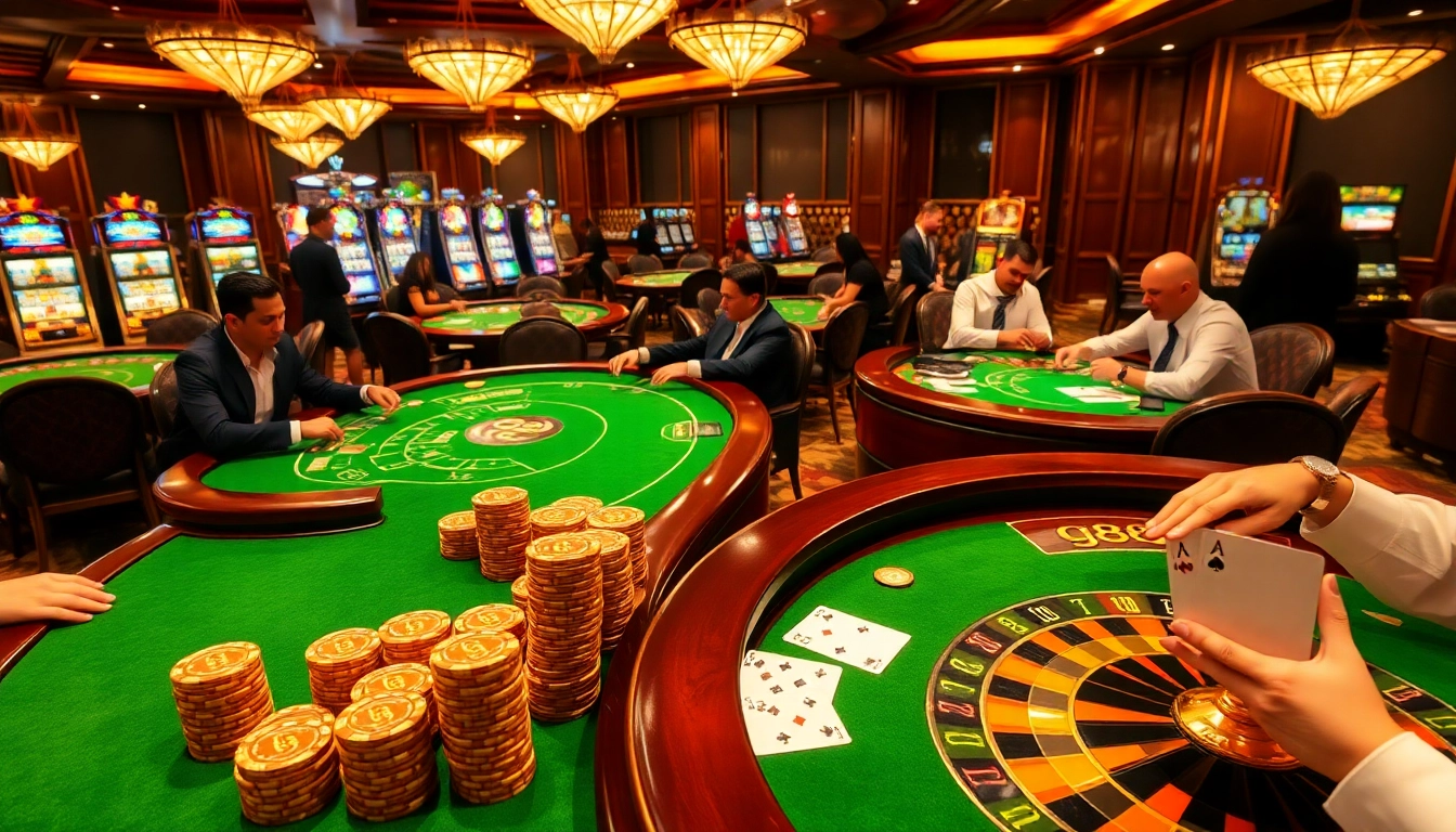 Engaging players at a luxurious casino table with stacked g88 chips during an intense poker game.