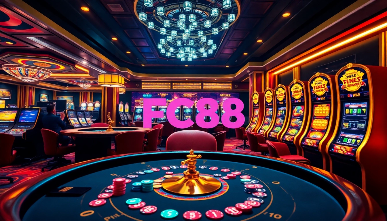 Players engaging with vibrant games at FC88 online casino, excitement in the air.