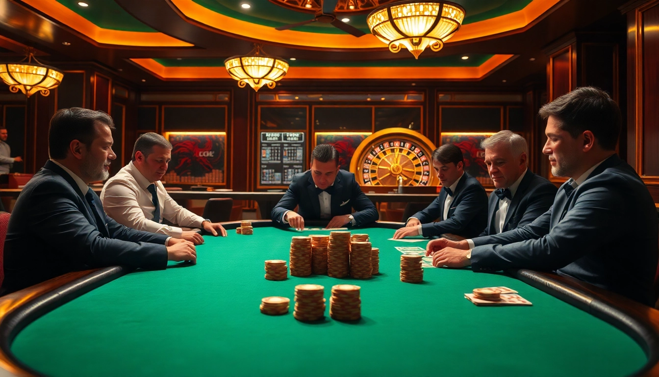 Exciting poker game at Luck8 casino, highlighting professional players and dealer in action.