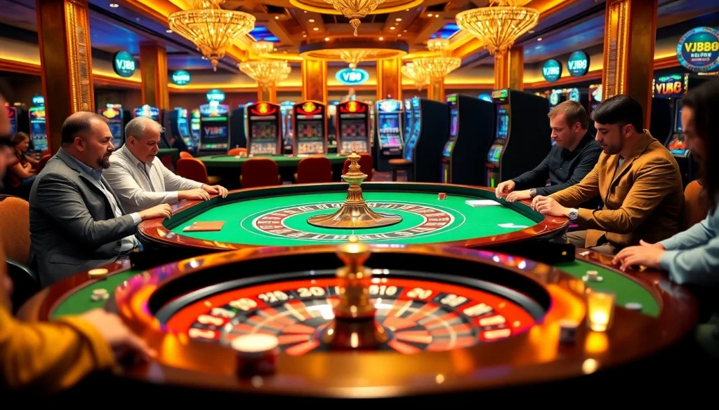 Players enjoy a thrilling VJ88 poker game at a stylish casino table.