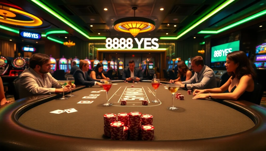 Casino scene showcasing players at a poker table, emphasizing the excitement of 888YES betting.