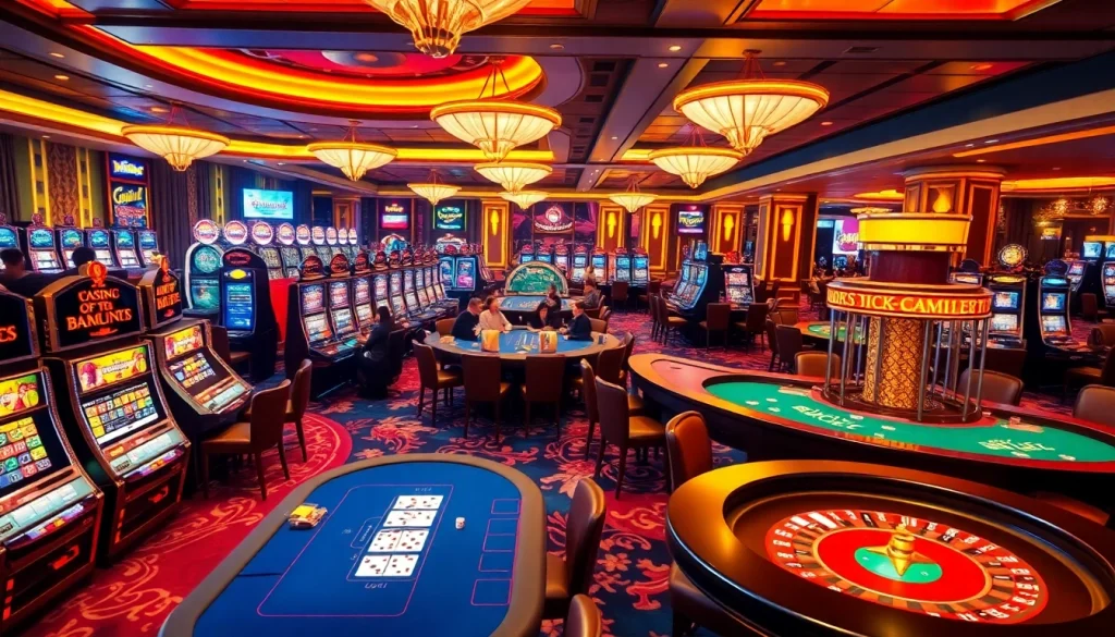 KJC casino scene showcasing vibrant tables and a luxurious gambling atmosphere with engaged players.