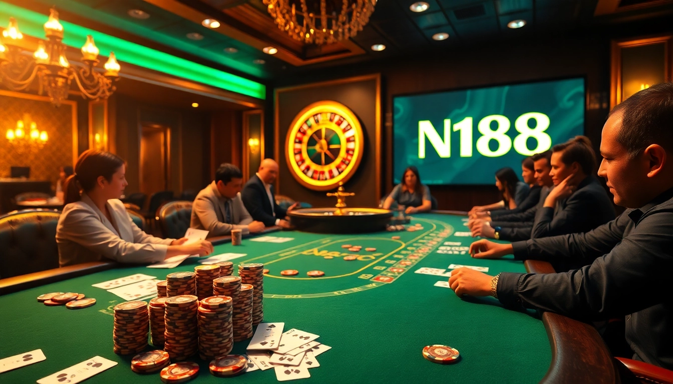 Engaging gamblers at a luxurious casino poker table showcasing N188 poker chips and cards.