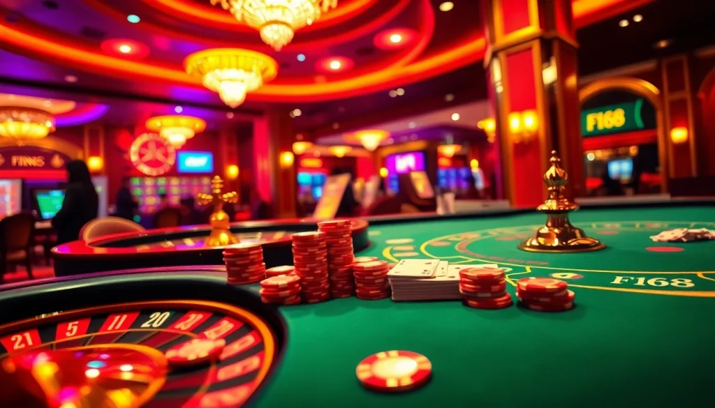Players engaging in a thrilling poker game at F168 casino, showcasing chips and cards.