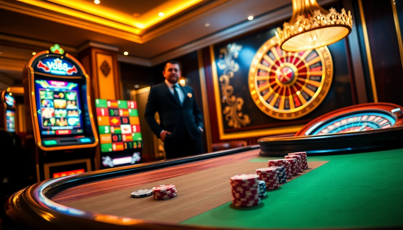 Experience the thrill of VJ88 with vibrant poker chips and a sleek roulette wheel in a luxurious casino setting.