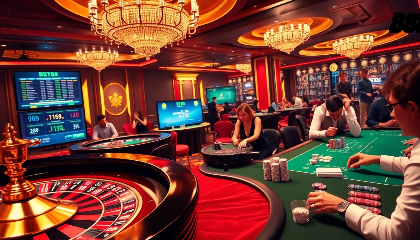 Players enjoying their experience at https://bet88e.gold/ with vibrant casino tables and high-stakes gameplay.