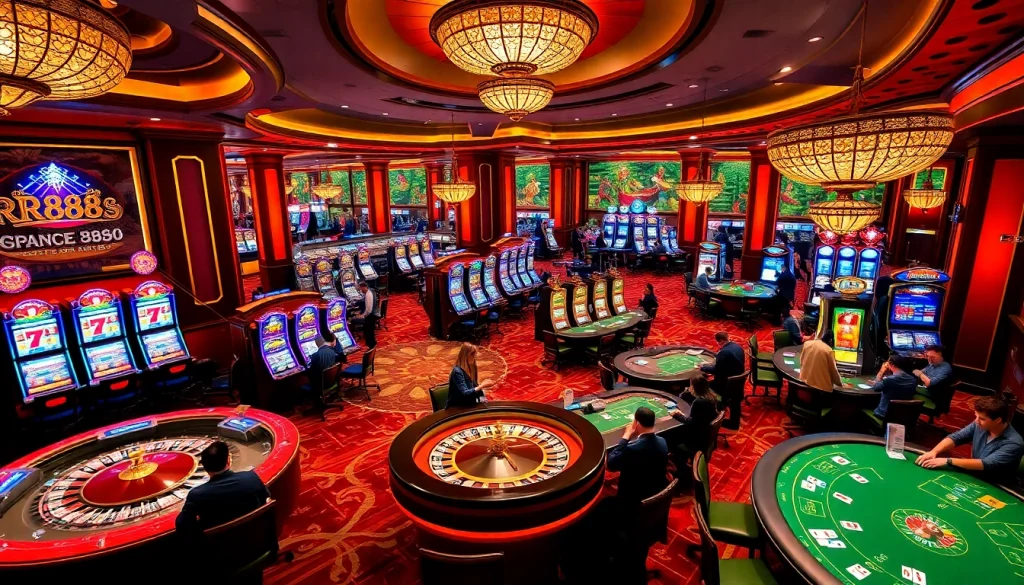 Players engaging in high-stakes gambling at a luxurious casino highlighting RR888 excitement
